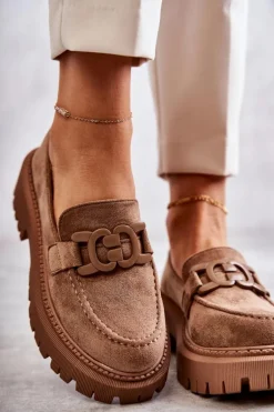 Damskie Półbuty Zamszowe Z Ozdobą Ciemnobeżowe Leeza