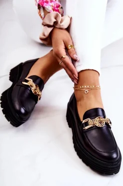 Damskie Półbuty Złota Ozdoba Skórzane Laura Messi 2383 Czarne