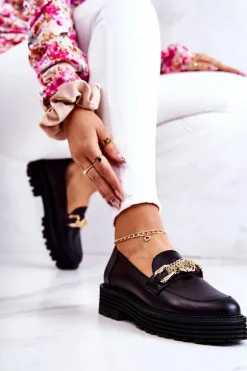 Damskie Półbuty Złota Ozdoba Skórzane Laura Messi 2383 Czarne