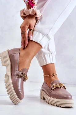 Damskie Półbuty Złota Ozdoba Skórzane Laura Messi 2383 Ciemny Beż