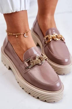 Damskie Półbuty Złota Ozdoba Skórzane Laura Messi 2383 Ciemny Beż