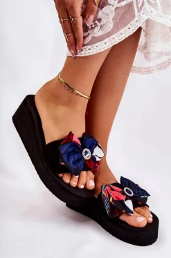 Damskie Piankowe Klapki Na Koturnie Czarne Silana