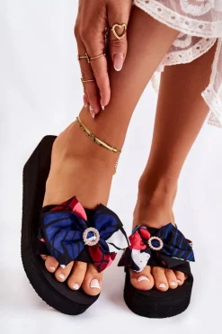 Damskie Piankowe Klapki Na Koturnie Czarne Silana