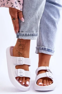 Damskie Piankowe Klapki Z Paskami Białe Sharmen