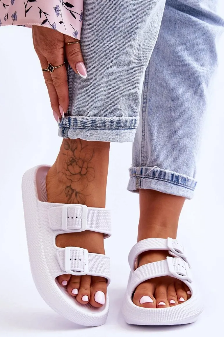 Damskie Piankowe Klapki Z Paskami Białe Sharmen