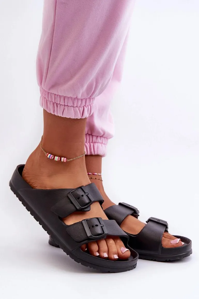 Damskie Piankowe Klapki Z Klamrami Czarne Luciene