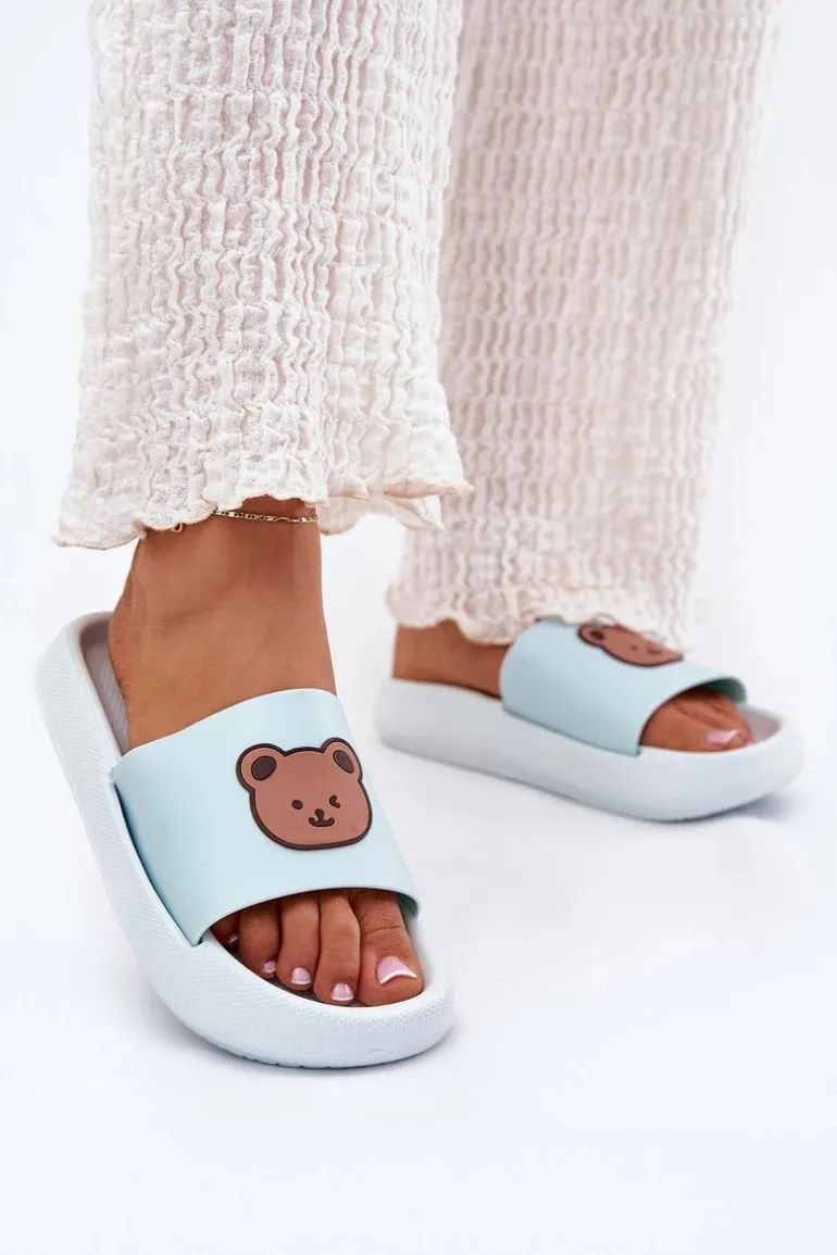 Damskie Piankowe Klapki Z Misiem Niebieskie Lalon