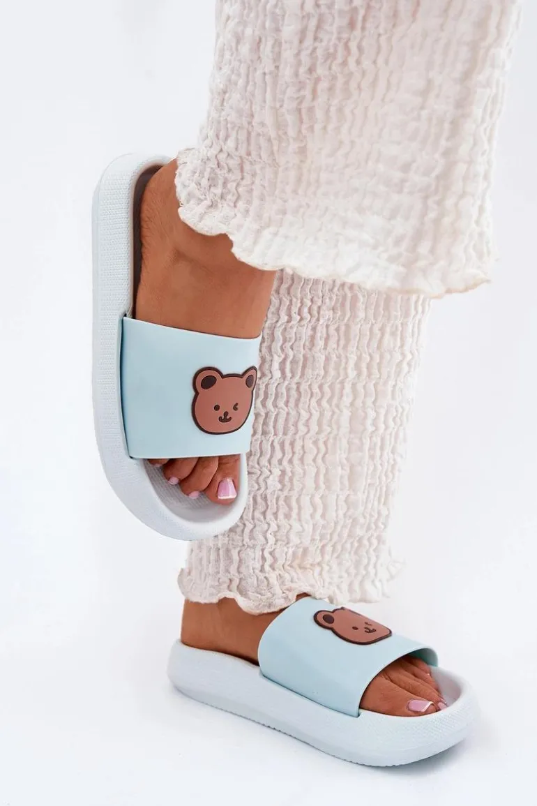 Damskie Piankowe Klapki Z Misiem Niebieskie Lalon