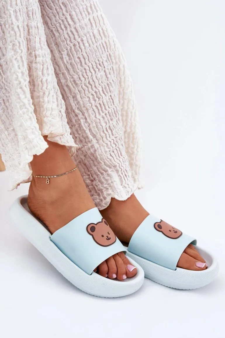 Damskie Piankowe Klapki Z Misiem Niebieskie Lalon