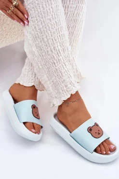 Damskie Piankowe Klapki Z Misiem Niebieskie Lalon