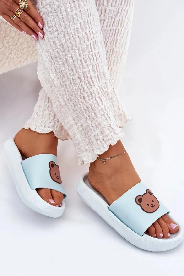 Damskie Piankowe Klapki Z Misiem Niebieskie Lalon