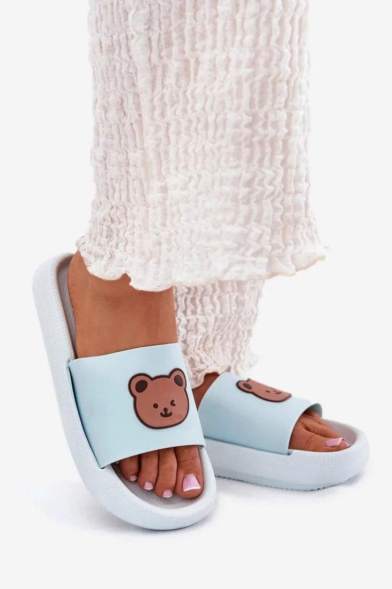 Damskie Piankowe Klapki Z Misiem Niebieskie Lalon