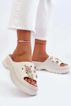 Damskie Piankowe Klapki Z Ozdobami Białe Afariana
