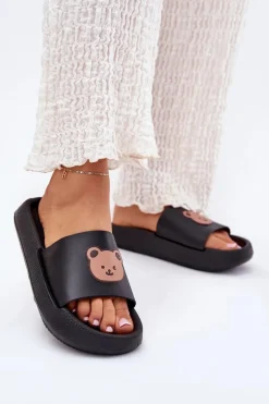 Damskie Piankowe Klapki Z Misiem Czarne Lalon