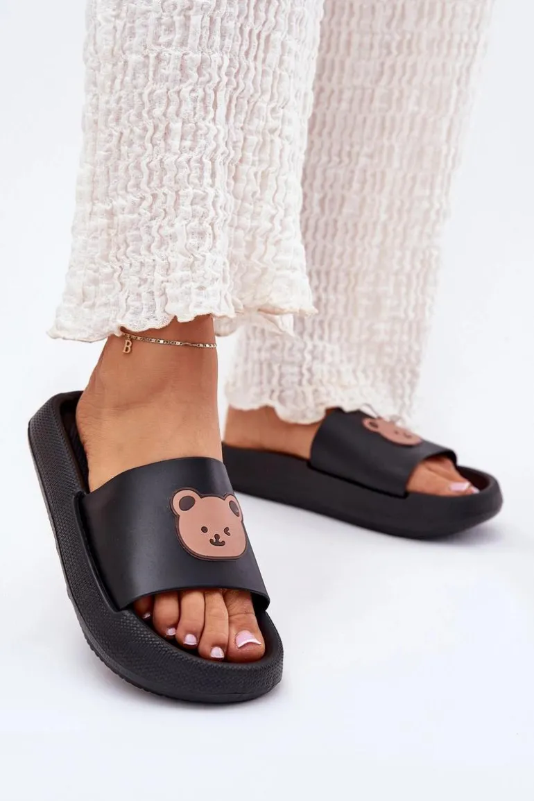 Damskie Piankowe Klapki Z Misiem Czarne Lalon