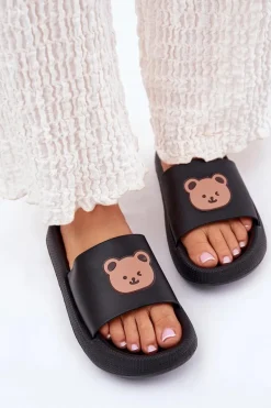 Damskie Piankowe Klapki Z Misiem Czarne Lalon