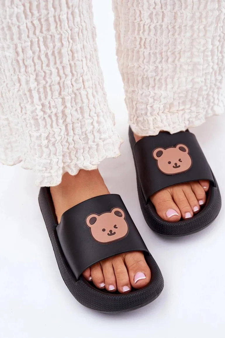Damskie Piankowe Klapki Z Misiem Czarne Lalon