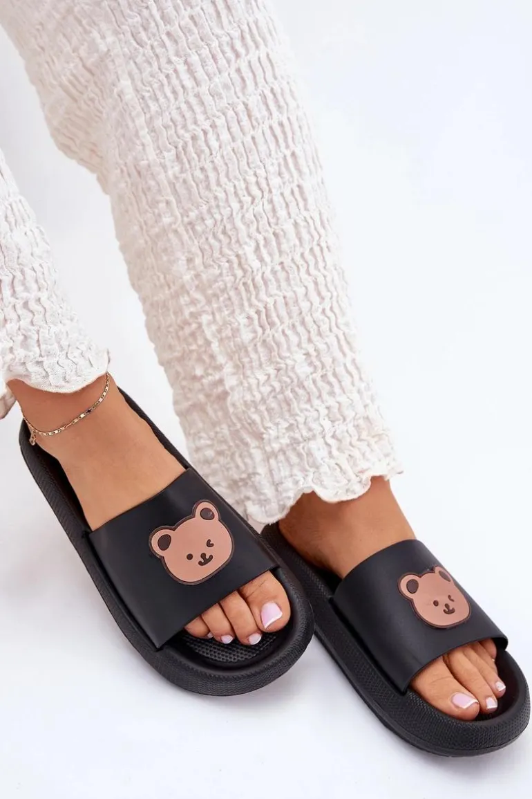 Damskie Piankowe Klapki Z Misiem Czarne Lalon