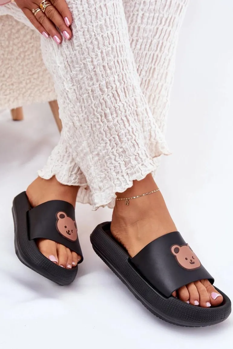 Damskie Piankowe Klapki Z Misiem Czarne Lalon