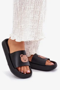 Damskie Piankowe Klapki Z Misiem Czarne Lalon