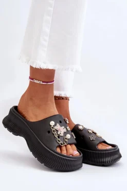 Damskie Piankowe Klapki Z Ozdobami Czarne Afariana
