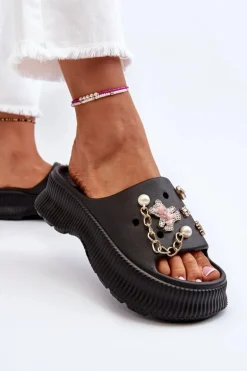 Damskie Piankowe Klapki Z Ozdobami Czarne Afariana