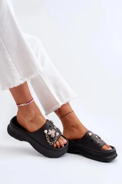 Damskie Piankowe Klapki Z Ozdobami Czarne Afariana