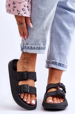 Damskie Piankowe Klapki Z Paskami Czarne Sharmen