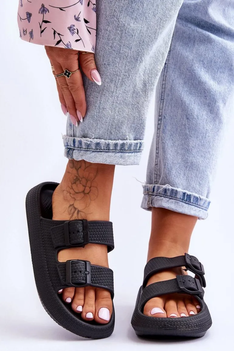 Damskie Piankowe Klapki Z Paskami Czarne Sharmen