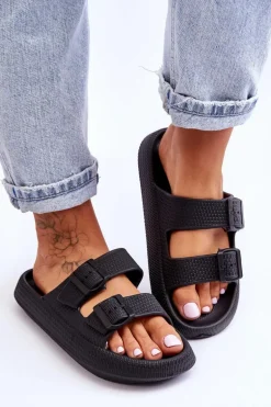 Damskie Piankowe Klapki Z Paskami Czarne Sharmen