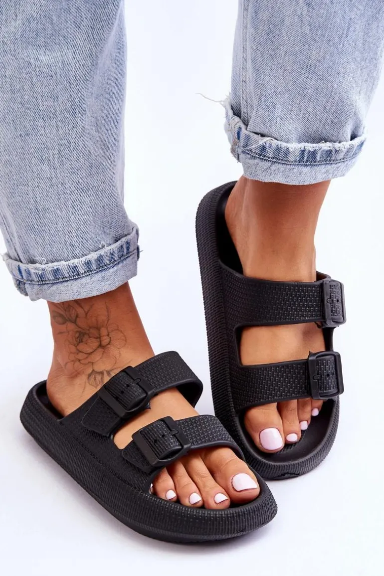 Damskie Piankowe Klapki Z Paskami Czarne Sharmen