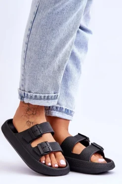 Damskie Piankowe Klapki Z Paskami Czarne Sharmen