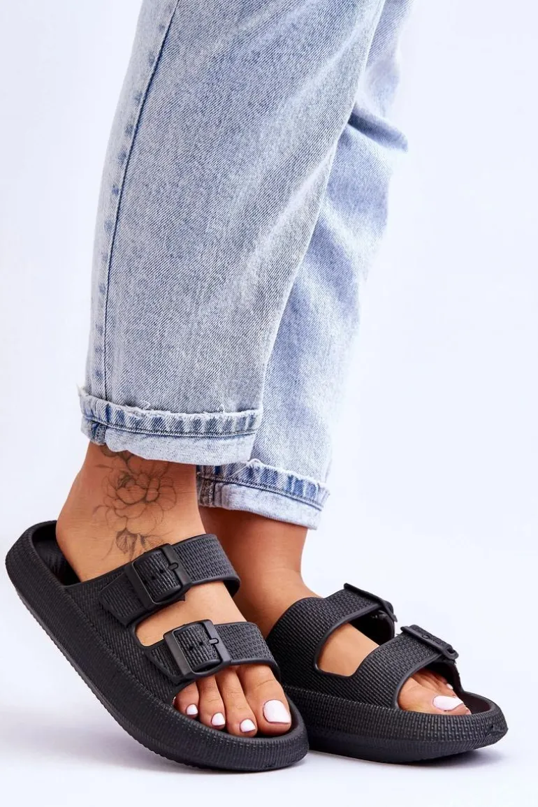 Damskie Piankowe Klapki Z Paskami Czarne Sharmen