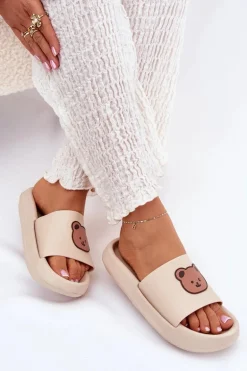 Damskie Piankowe Klapki Z Misiem Beżowe Lalon