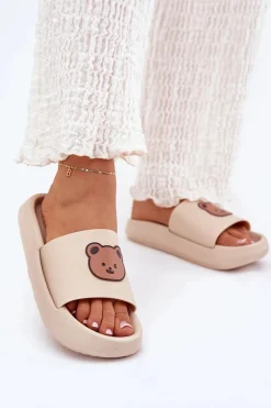 Damskie Piankowe Klapki Z Misiem Beżowe Lalon