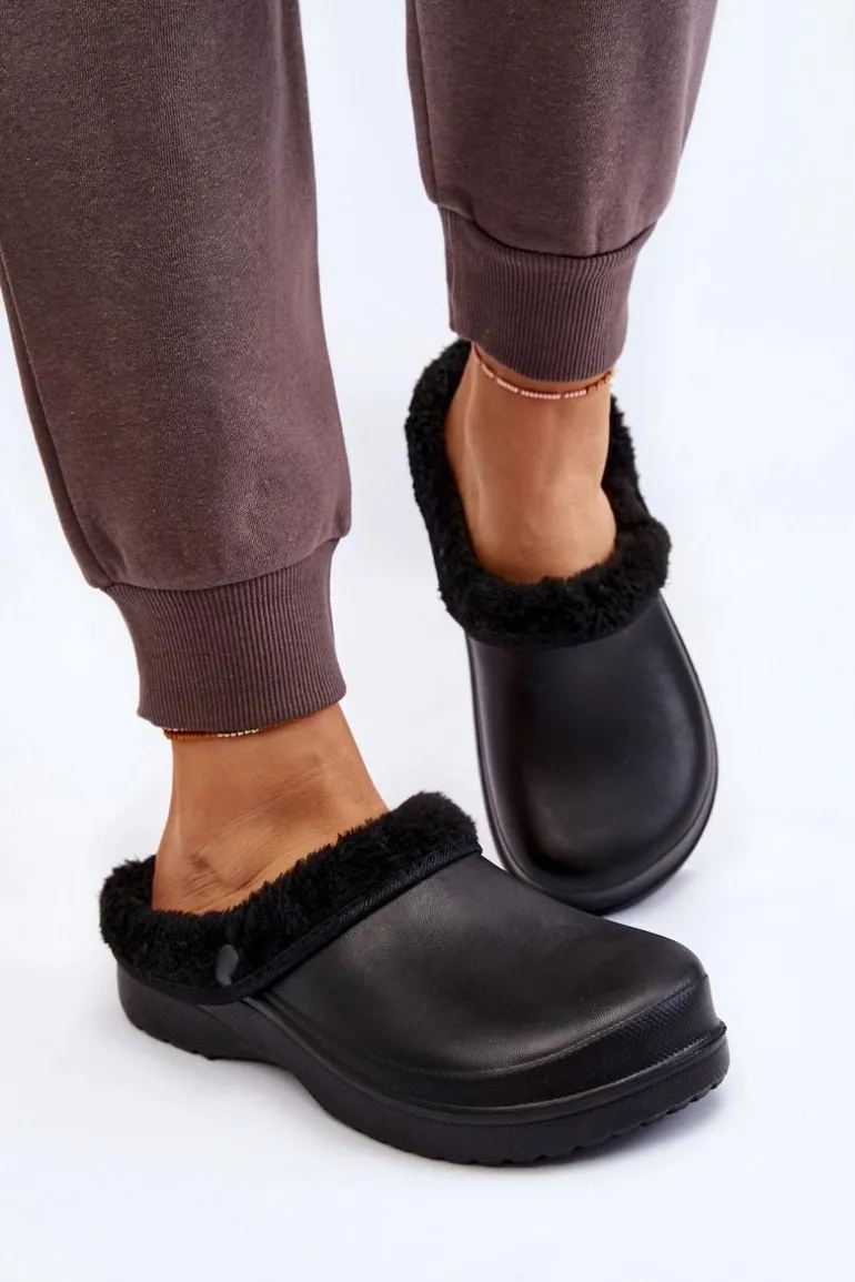 Damskie Piankowe Ocieplane Klapki Kroksy Czarne Cova