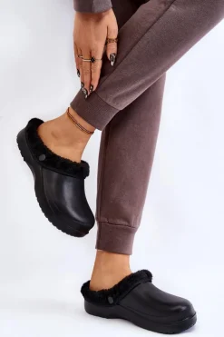 Damskie Piankowe Ocieplane Klapki Kroksy Czarne Cova