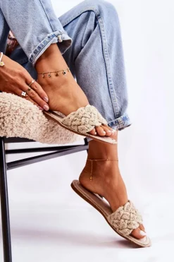 Damskie Plecione Klapki Beżowe Maraya