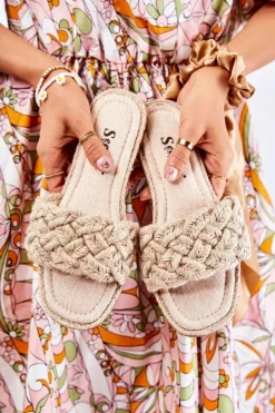 Damskie Plecione Klapki Beżowe Maraya