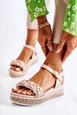 Damskie Plecione Sandały Na Koturnie Beżowe Chaves