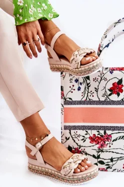 Damskie Plecione Sandały Na Koturnie Beżowe Chaves