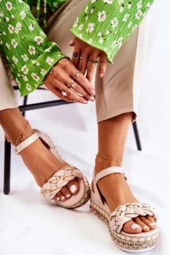 Damskie Plecione Sandały Na Koturnie Beżowe Chaves