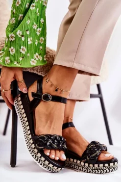 Damskie Plecione Sandały Na Koturnie Czarne Chaves