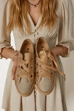 Damskie Plecione Tenisówki Big Star JJ274392 Beżowo-Złote