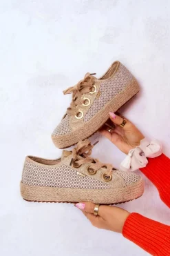 Damskie Plecione Tenisówki Big Star JJ274392 Beżowo-Złote