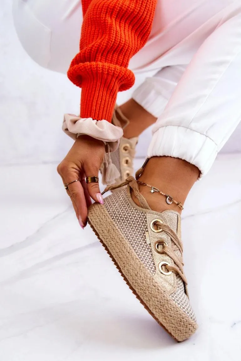 Damskie Plecione Tenisówki Big Star JJ274392 Beżowo-Złote