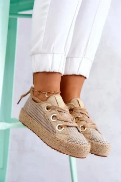 Damskie Plecione Tenisówki Big Star JJ274392 Beżowo-Złote