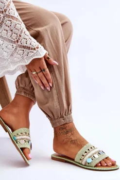 Damskie Plecione Zdobione Klapki Zielone Millano