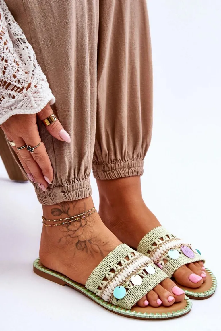 Damskie Plecione Zdobione Klapki Zielone Millano