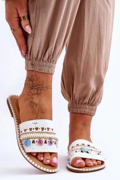 Damskie Plecione Zdobione Klapki Białe Millano